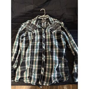 Roar Plaid Embroidered Long Sleeve Button-Up Shirt Collared Black Blue White Men